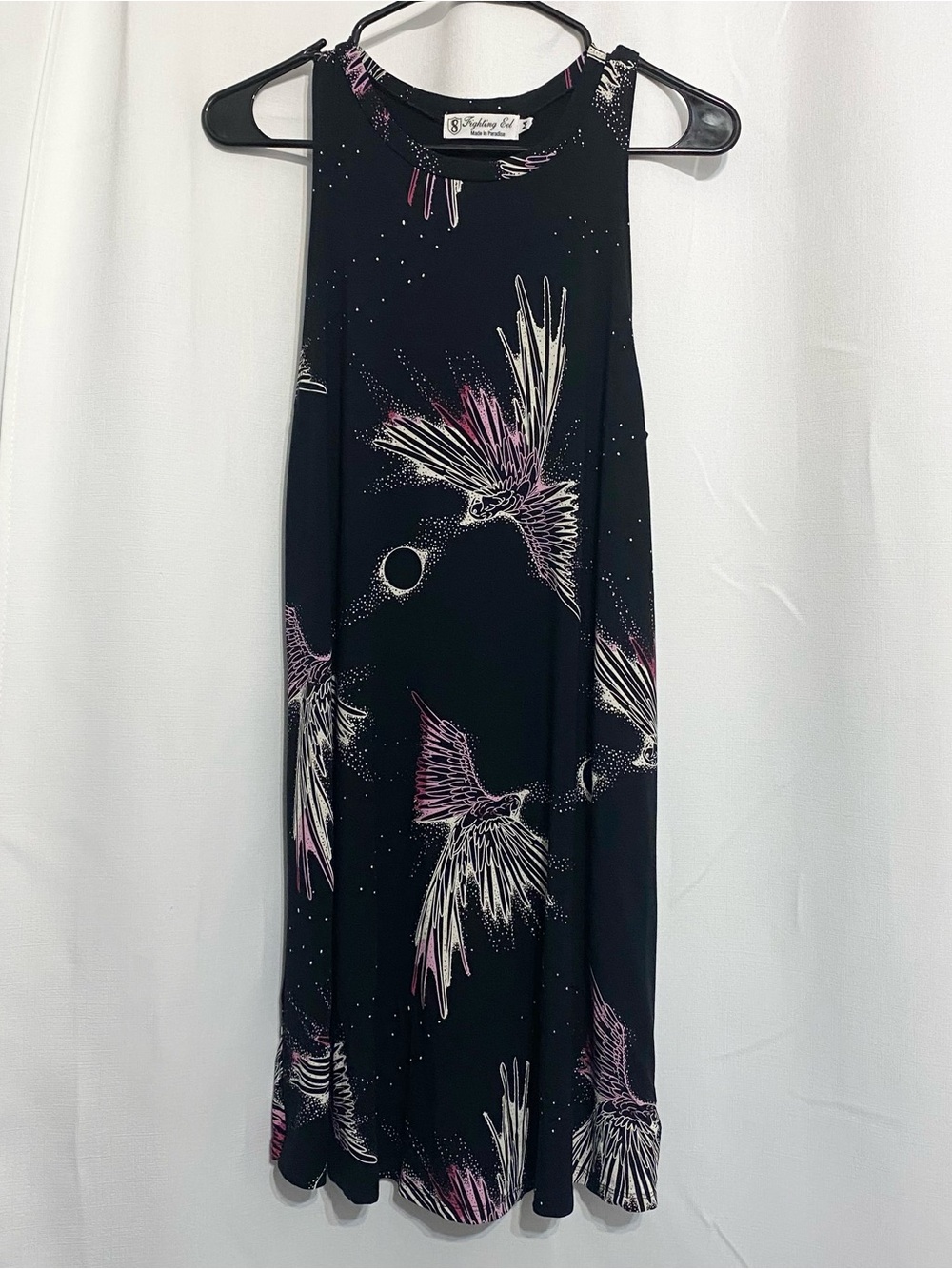 Fighting Eel Women's Black Pink White Bird Print Sleeveless Dress Size Medium